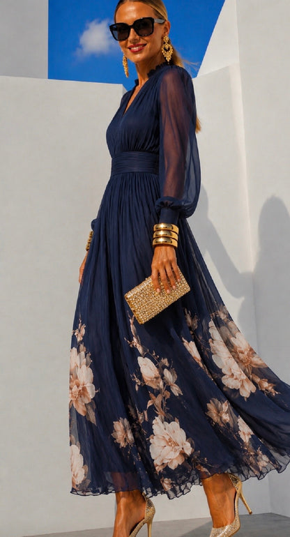 Nueva™ | Vestido de gasa floral con cintura marcada