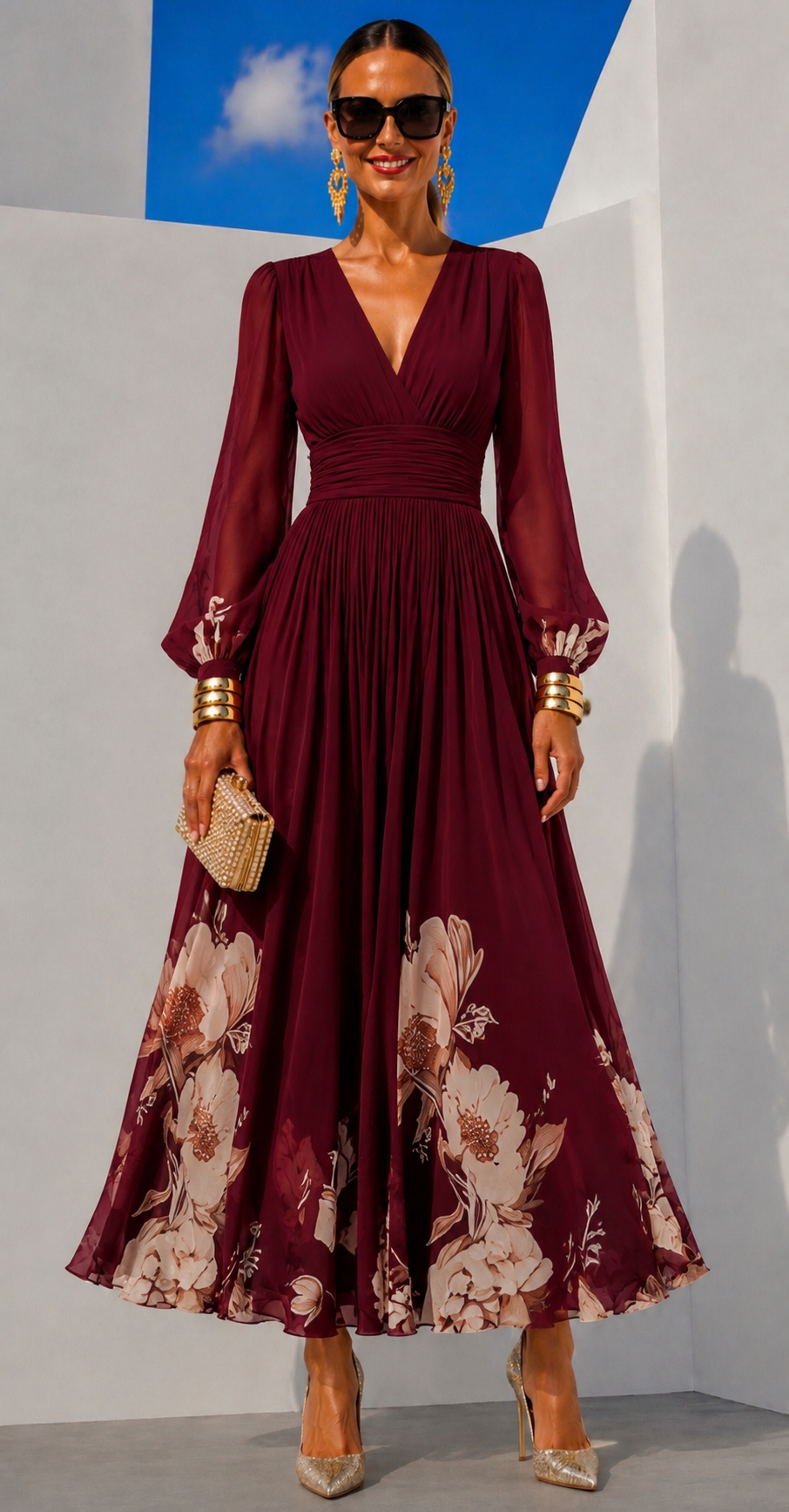Nueva™ | Vestido de gasa floral con cintura marcada