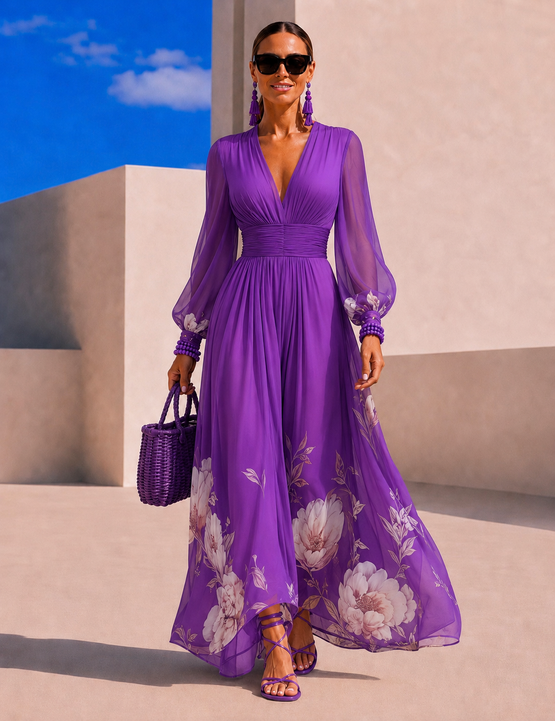 Nueva™ | Vestido de gasa floral con cintura marcada