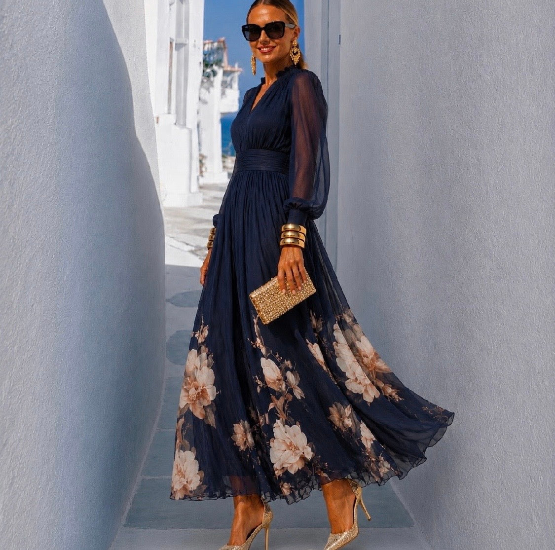 Nueva™ | Vestido de gasa floral con cintura marcada