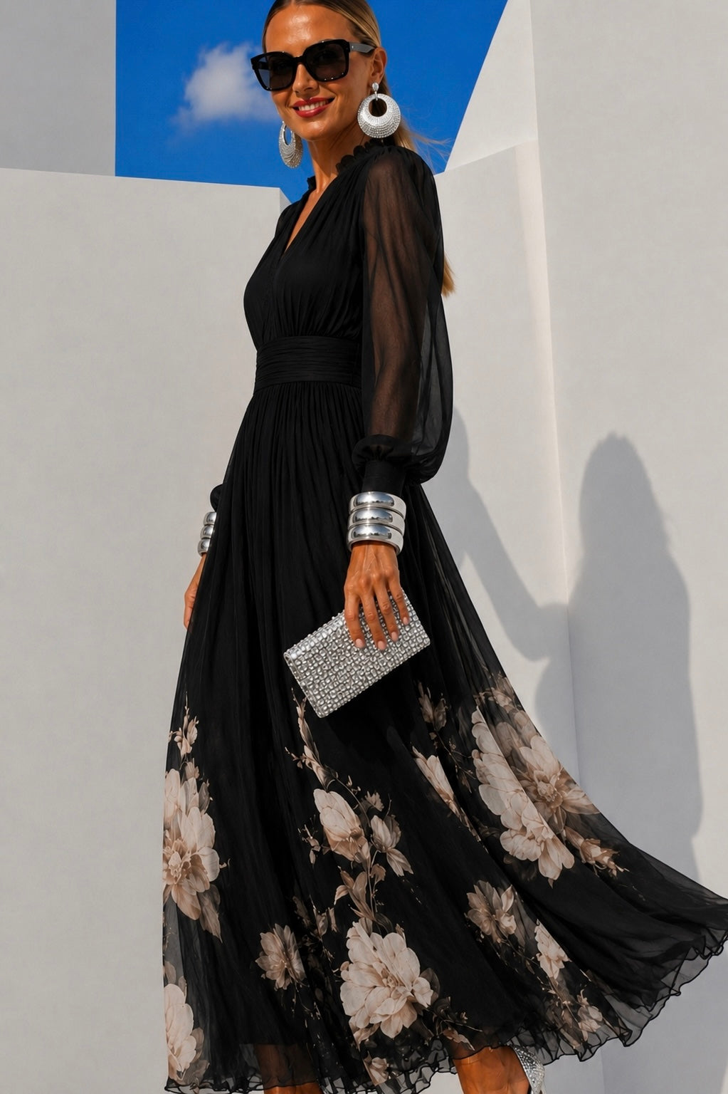 Nueva™ | Vestido de gasa floral con cintura marcada