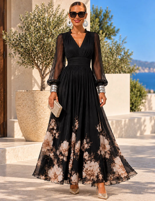 Nueva™ | Vestido de gasa floral con cintura marcada